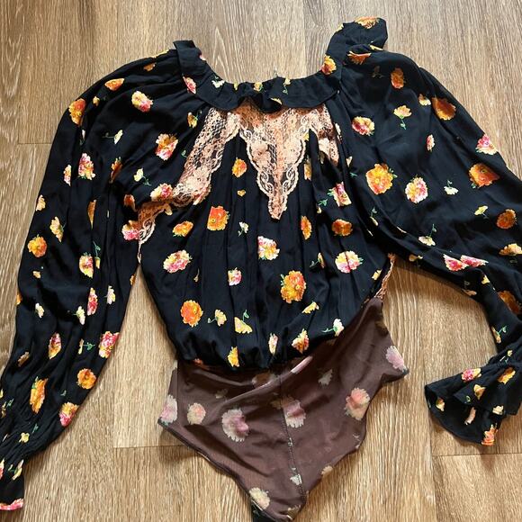 Free People Poppy Printed Bodysuit Black Combo - Picture 7 of 12